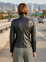 Rhinestone Motor Biker Racer Black Leather Jacket For Women