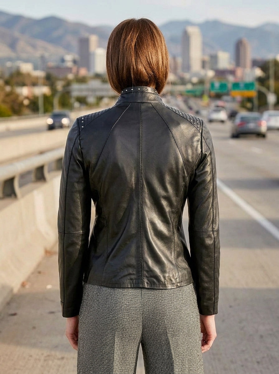 Rhinestone Motor Biker Racer Black Leather Jacket For Women