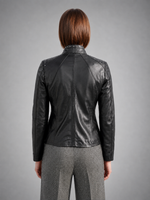 Rhinestone Motor Biker Racer Black Leather Jacket For Women