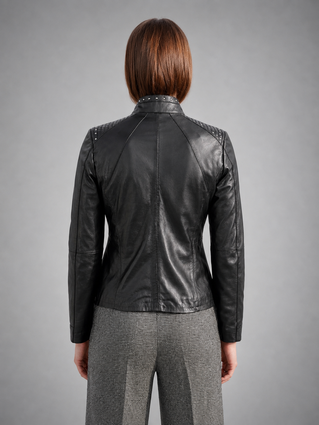 Rhinestone Motor Biker Racer Black Leather Jacket For Women