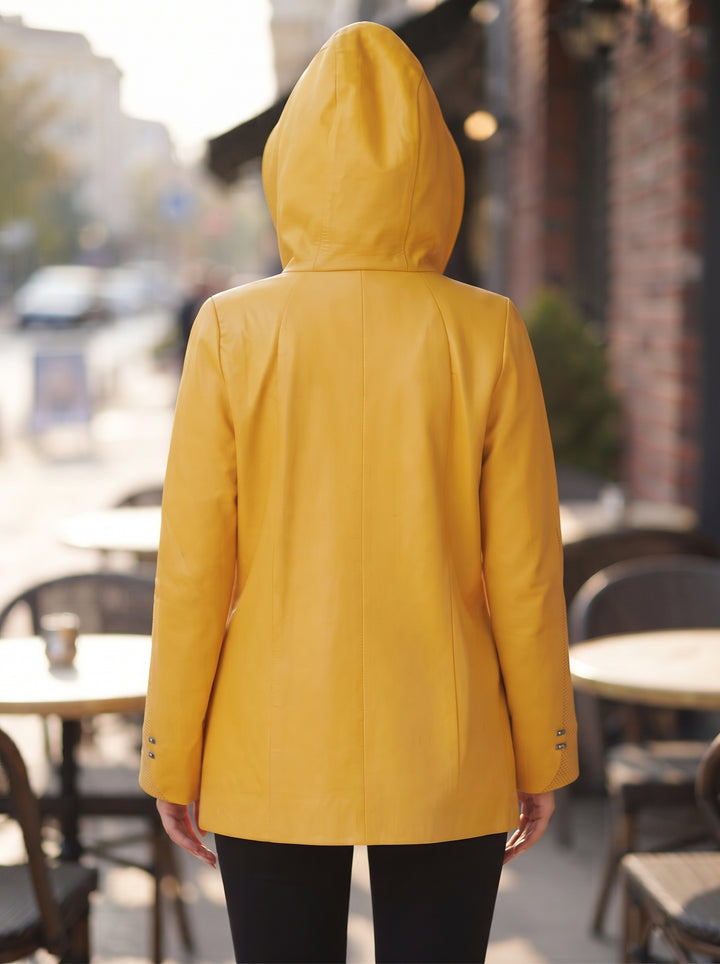 Rihanna Yellow Leather Coat With Hood For Women
