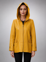 Rihanna Yellow Leather Coat With Hood For Women