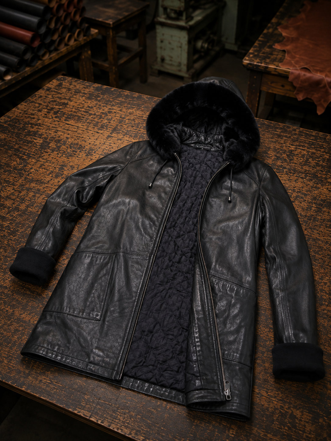 Riley Black Leather Coat For Women With Hood
