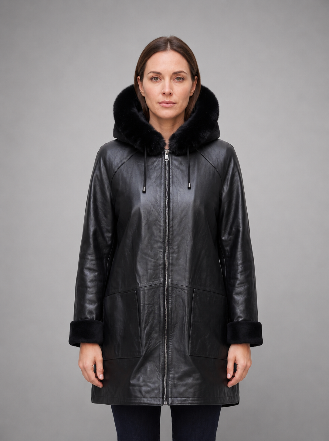 Riley Black Leather Coat For Women With Hood