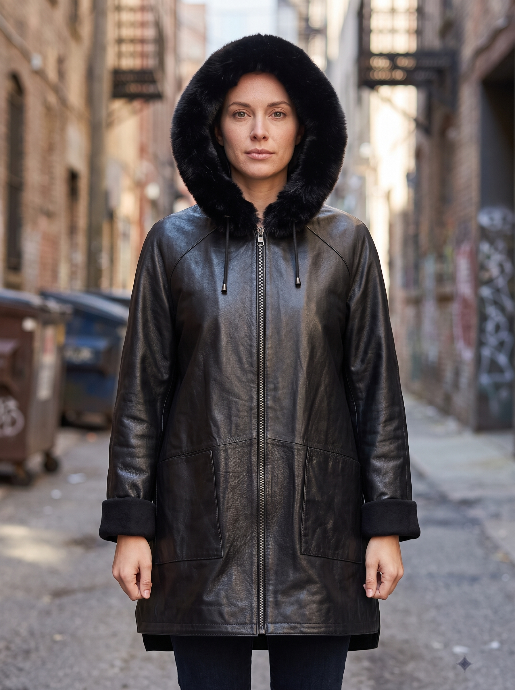 Riley Black Leather Coat For Women With Hood