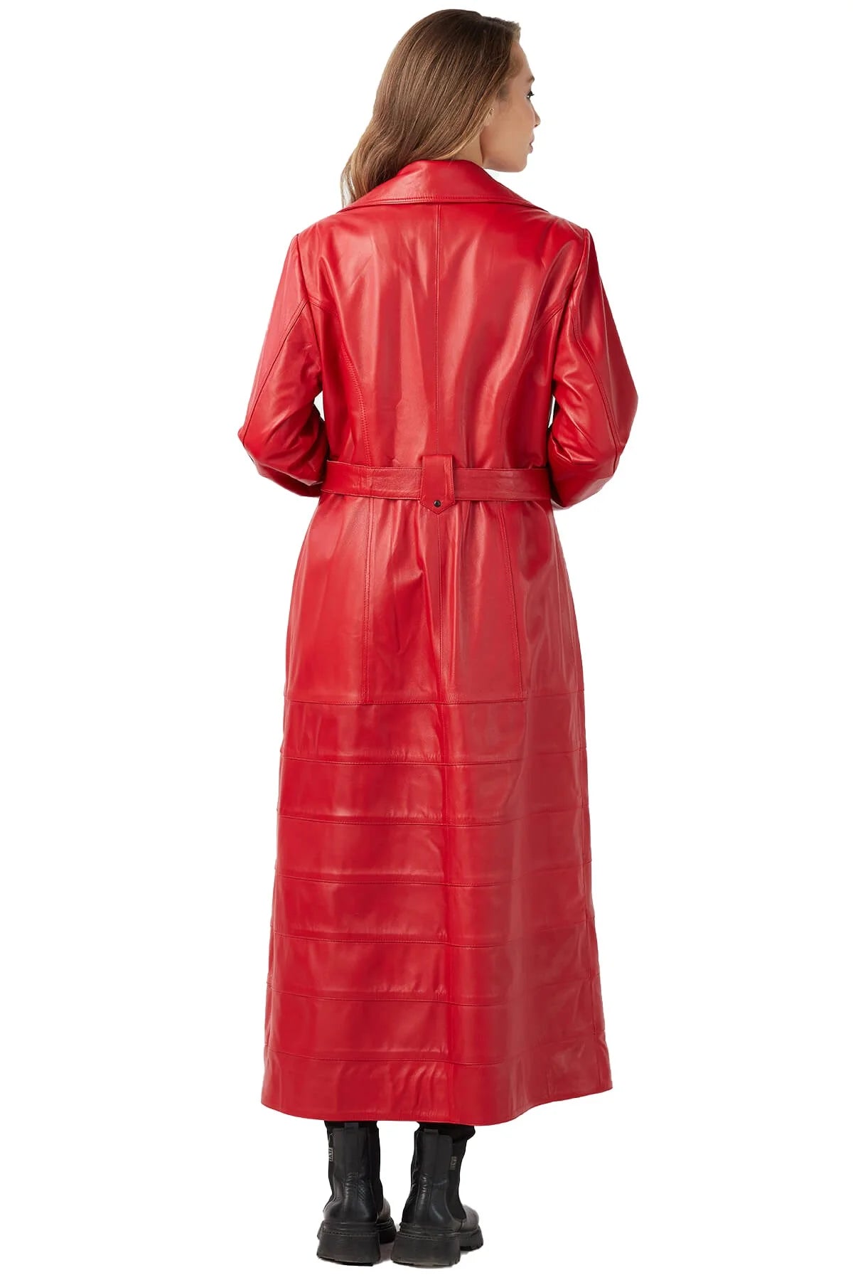 Rose Red Long Leather Coat With Center Belt For Women