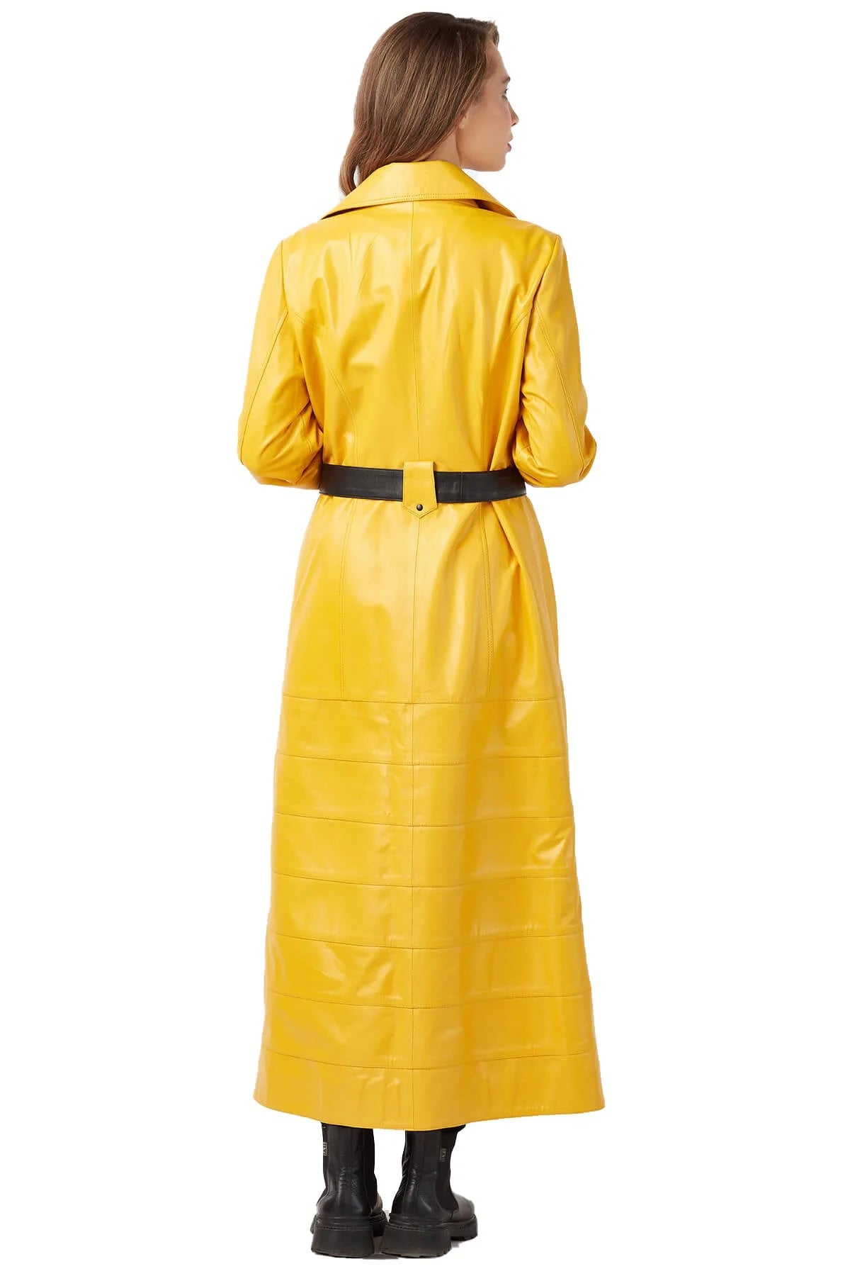 Mary Long Yellow Leather Coat With Center Belt For Women