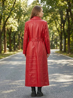 Rose Red Long Leather Coat With Center Belt For Women