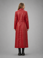 Rose Red Long Leather Coat With Center Belt For Women