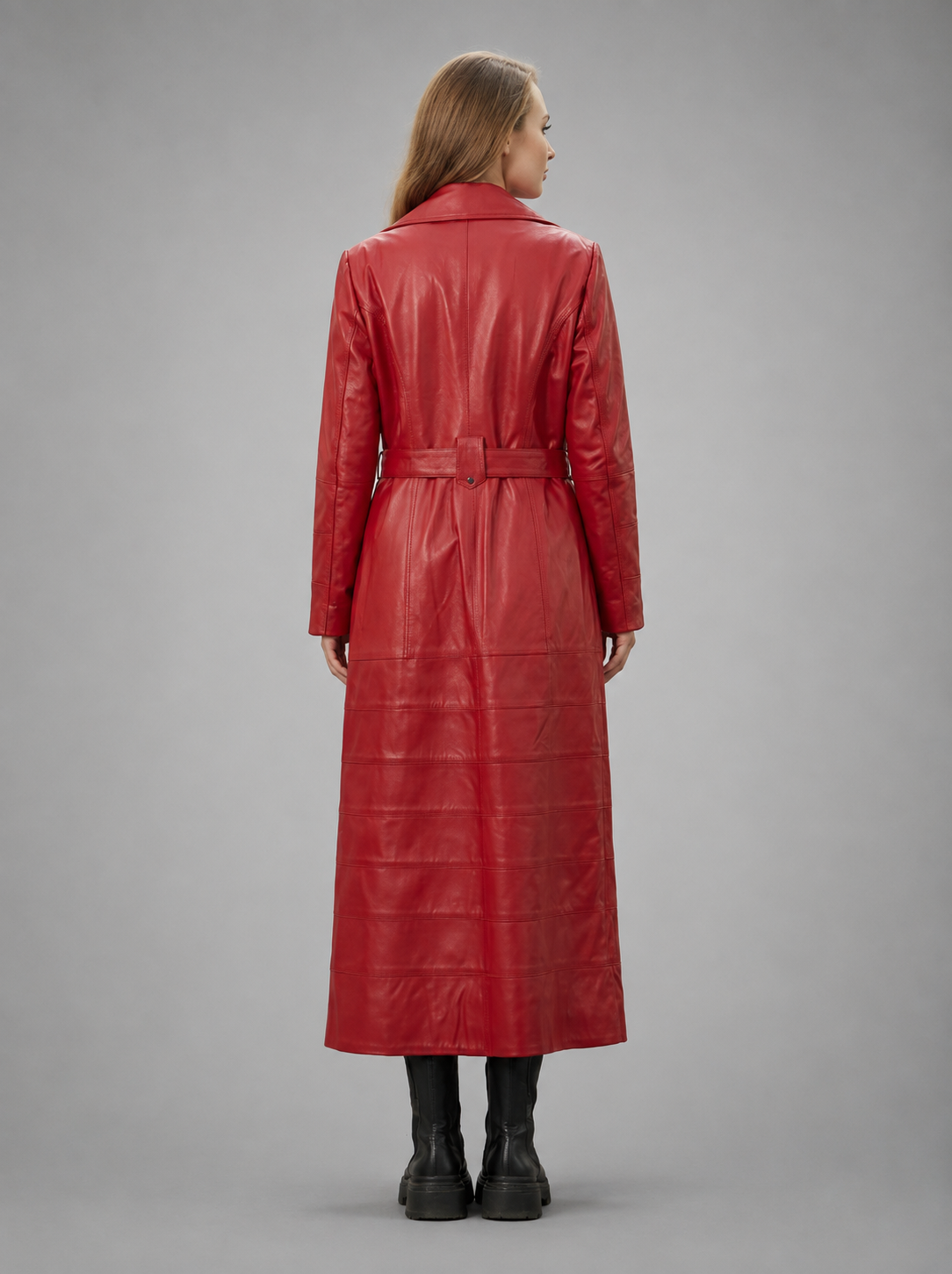 Rose Red Long Leather Coat With Center Belt For Women