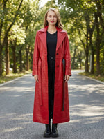 Rose Red Long Leather Coat With Center Belt For Women