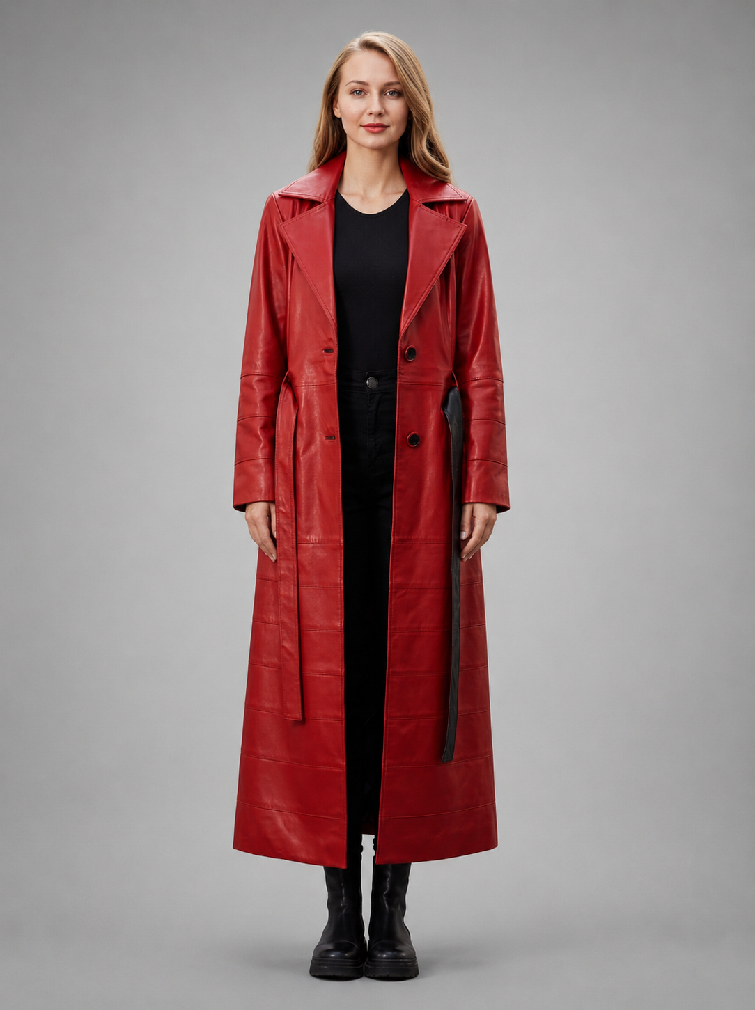Rose Red Long Leather Coat With Center Belt For Women