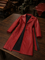 Rose Red Long Leather Coat With Center Belt For Women