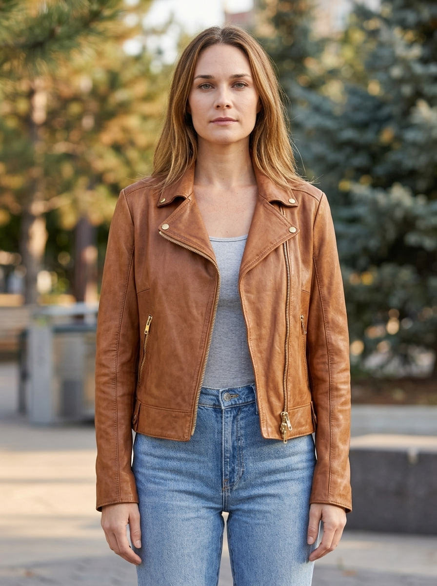 Roxanne Brown Stylish Collar Leather Jacket For Women