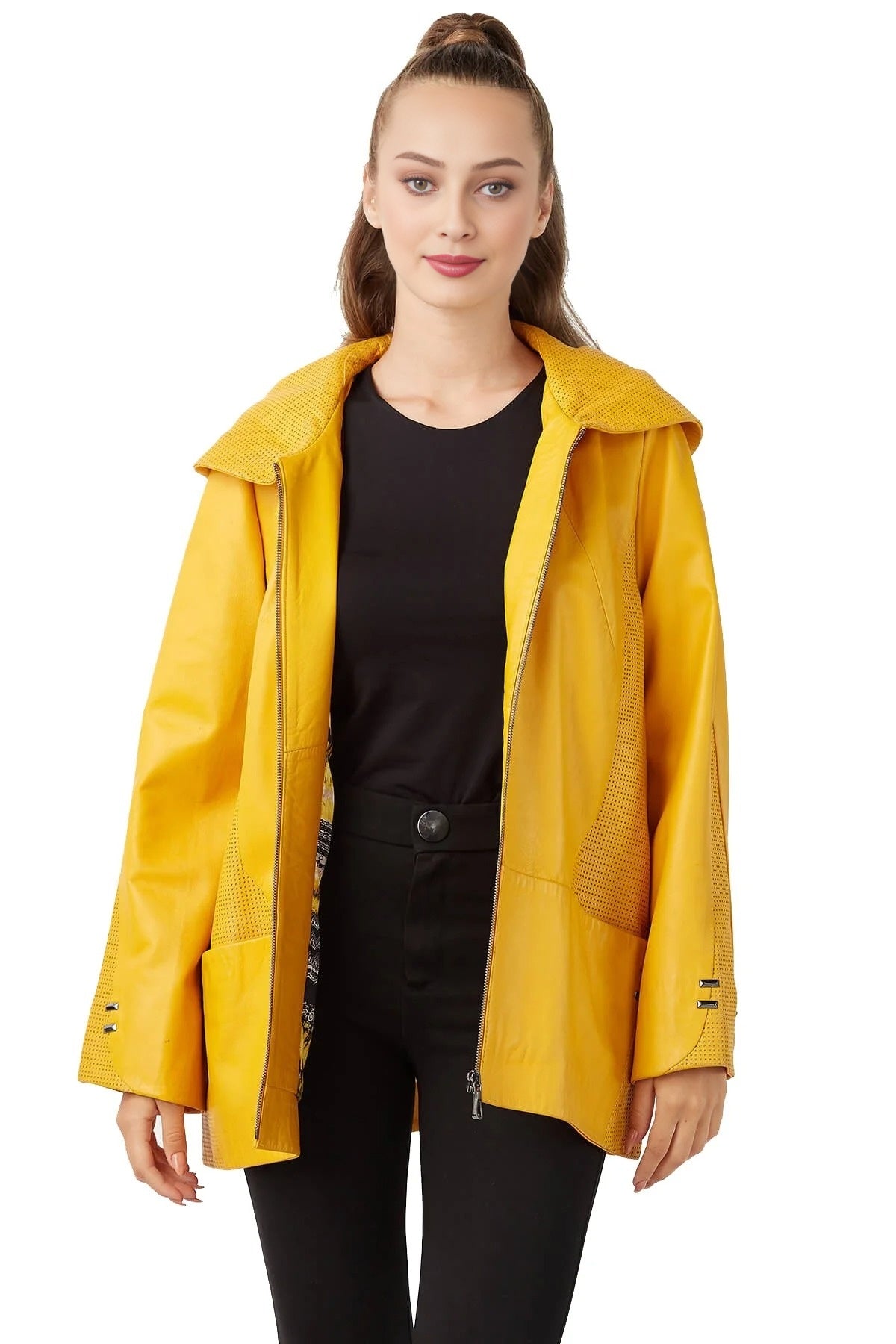 Rihanna Yellow Leather Coat With Hood For Women