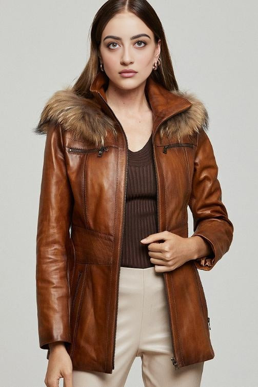 Ariana Women’s Leather Jacket with Faux Fur Hood - Brown