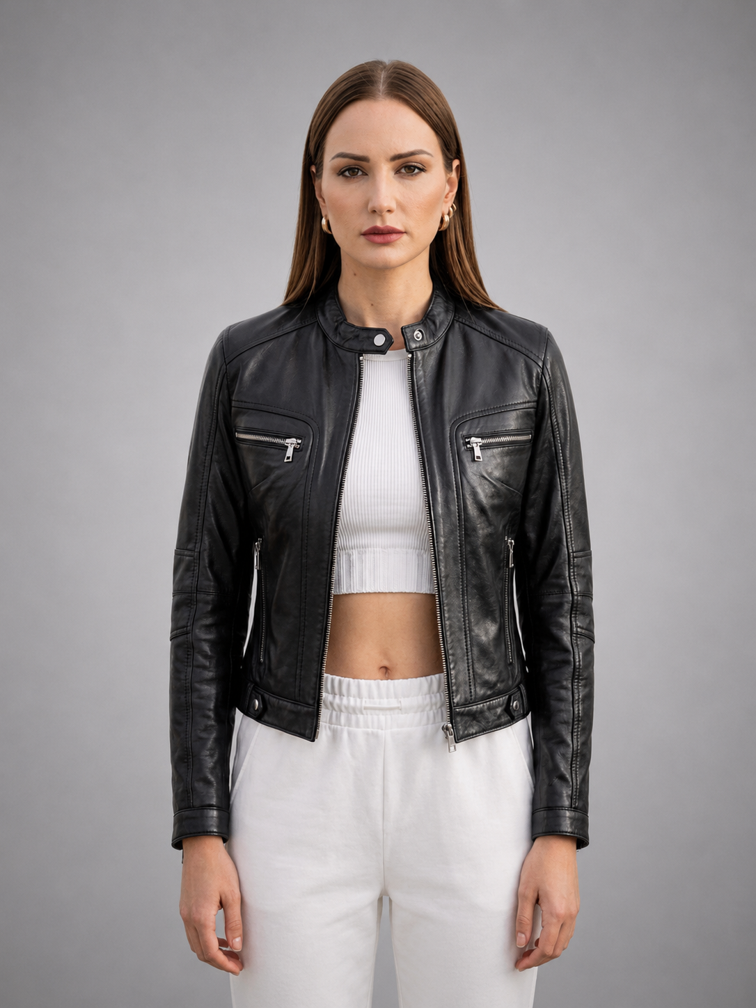 Ruby Black Cafe Racer Leather Jacket For Women