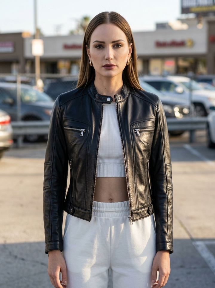 Ruby Black Cafe Racer Leather Jacket For Women