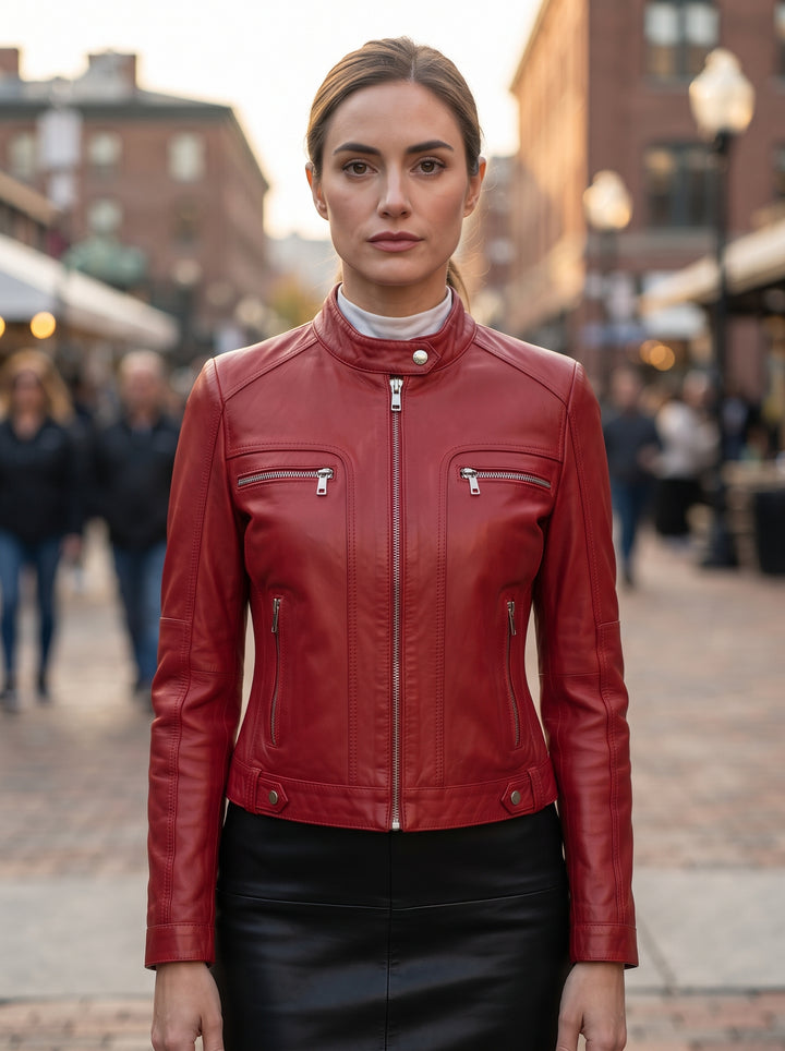 Ruby Red Biker Racer Stylish Women Leather Jacket