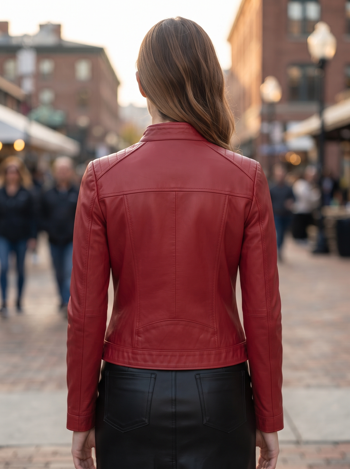 Ruby Red Biker Racer Stylish Women Leather Jacket