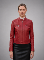 Ruby Red Biker Racer Stylish Women Leather Jacket