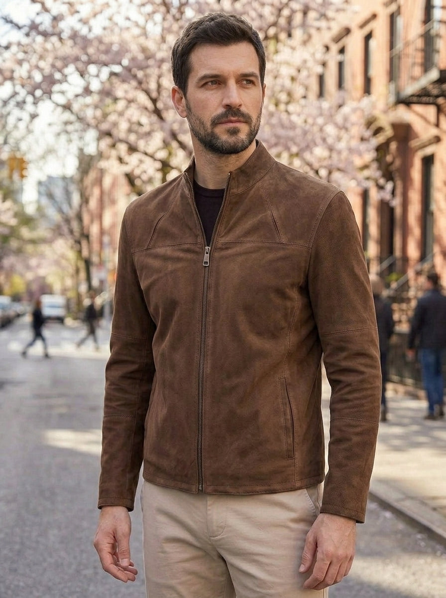 Ruston Brown Suede Men’s Leather Jacket – Classic Minimalist Style