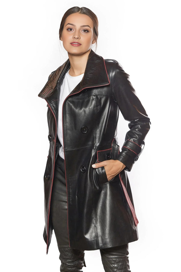 Liliana Black Stylish Red LIning Leather Coat For Women