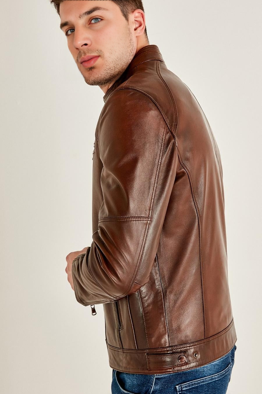 Classic Moto Brown Leather Jacket For Men
