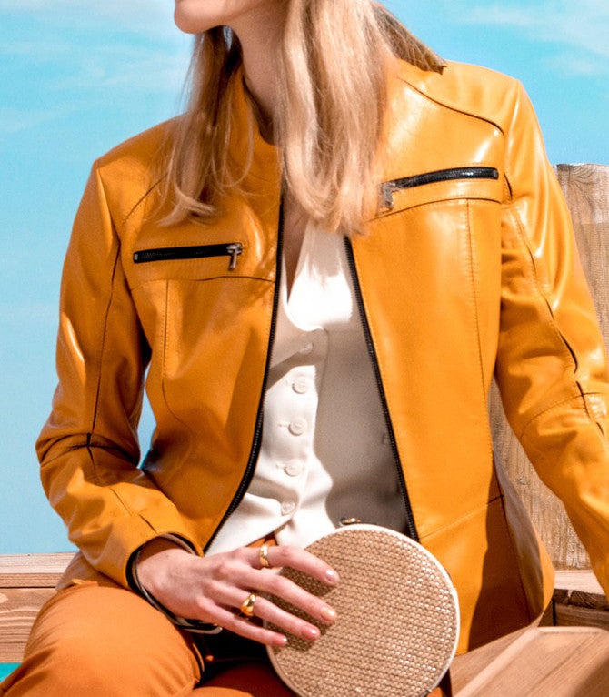 Stella bike Racer Yellow Leather Jacket For Women