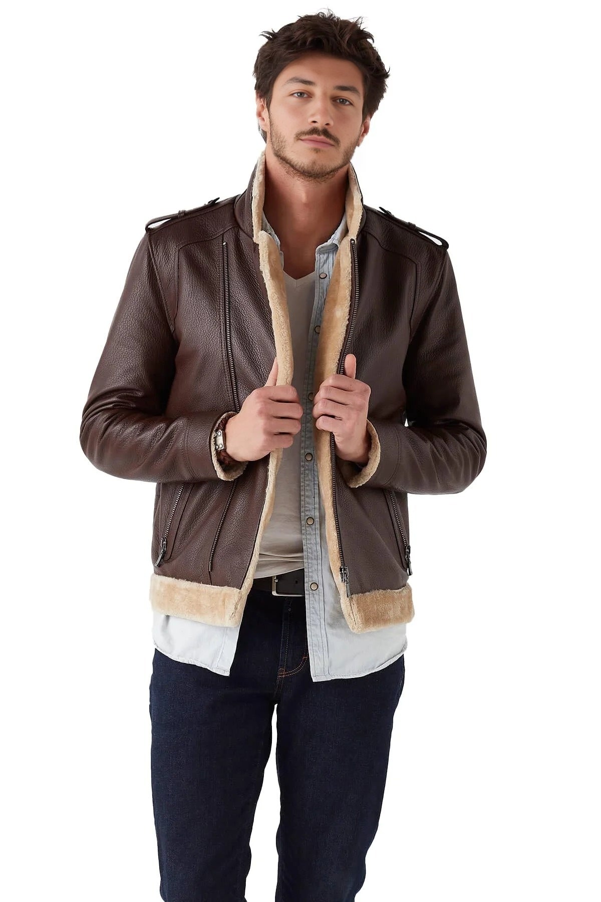 Damian Brown Fur Shearling Leather Jacket For Men