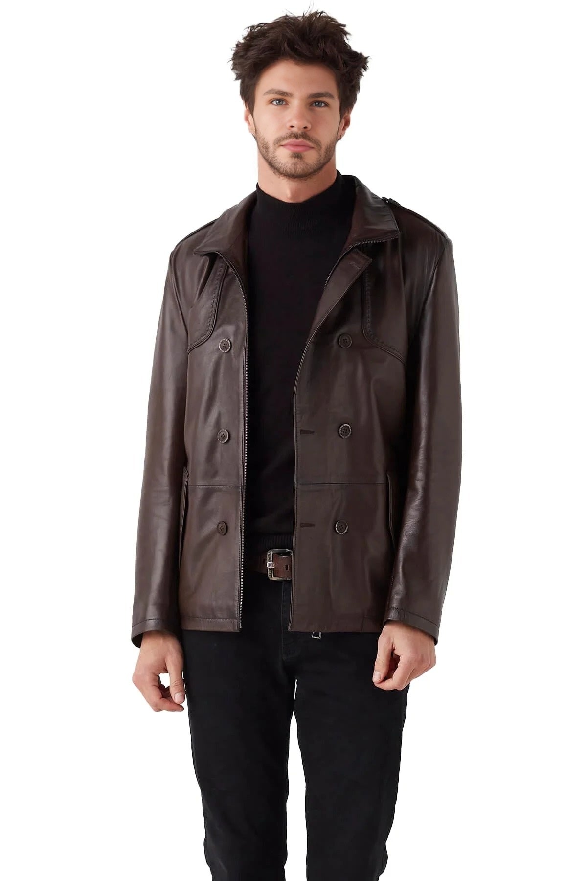 Kingston Brown High Collar Leather Jacket For Men