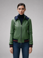 Sabrina Green Leather Jacket With Hoodie For Women