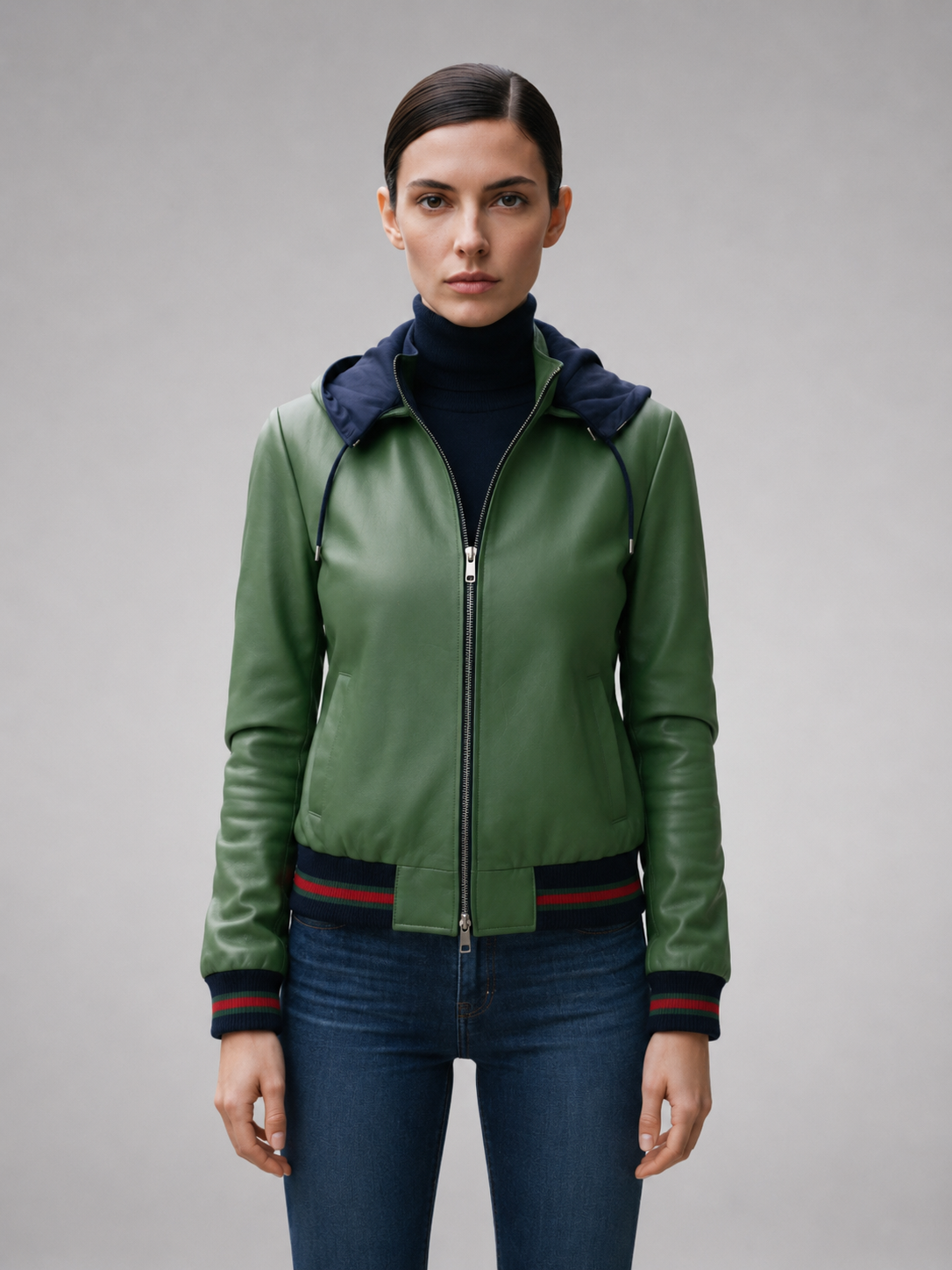Sabrina Green Leather Jacket With Hoodie For Women