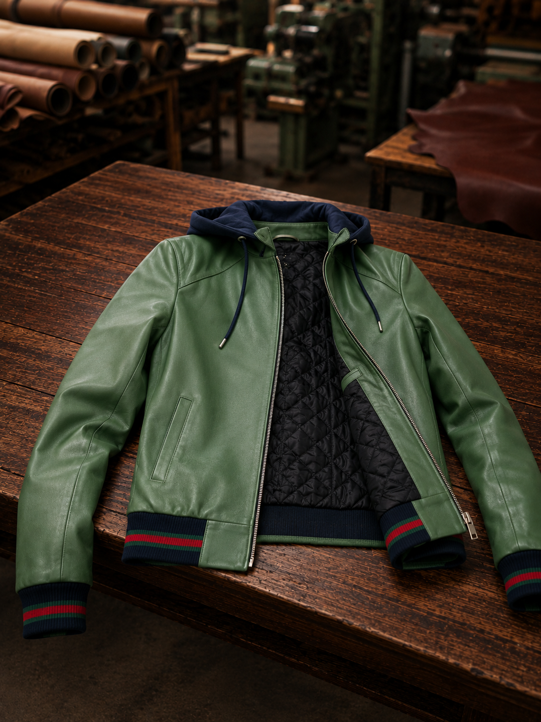 Sabrina Green Leather Jacket With Hoodie For Women