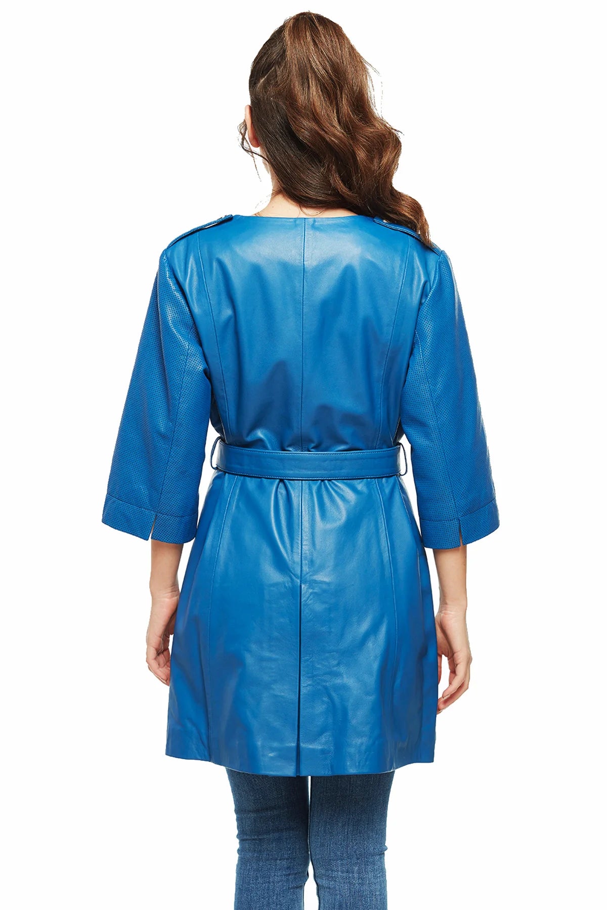 Alyssa Women Blue Biker Leather Coat With Center Belt