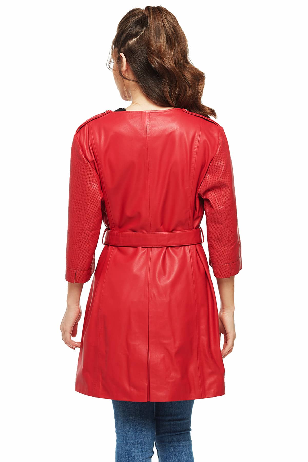 Lauren Red Center Belt Women Leather Coat
