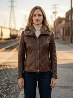 Sepia Hued Brown Leather Jacket With Original Fur Collar For Women