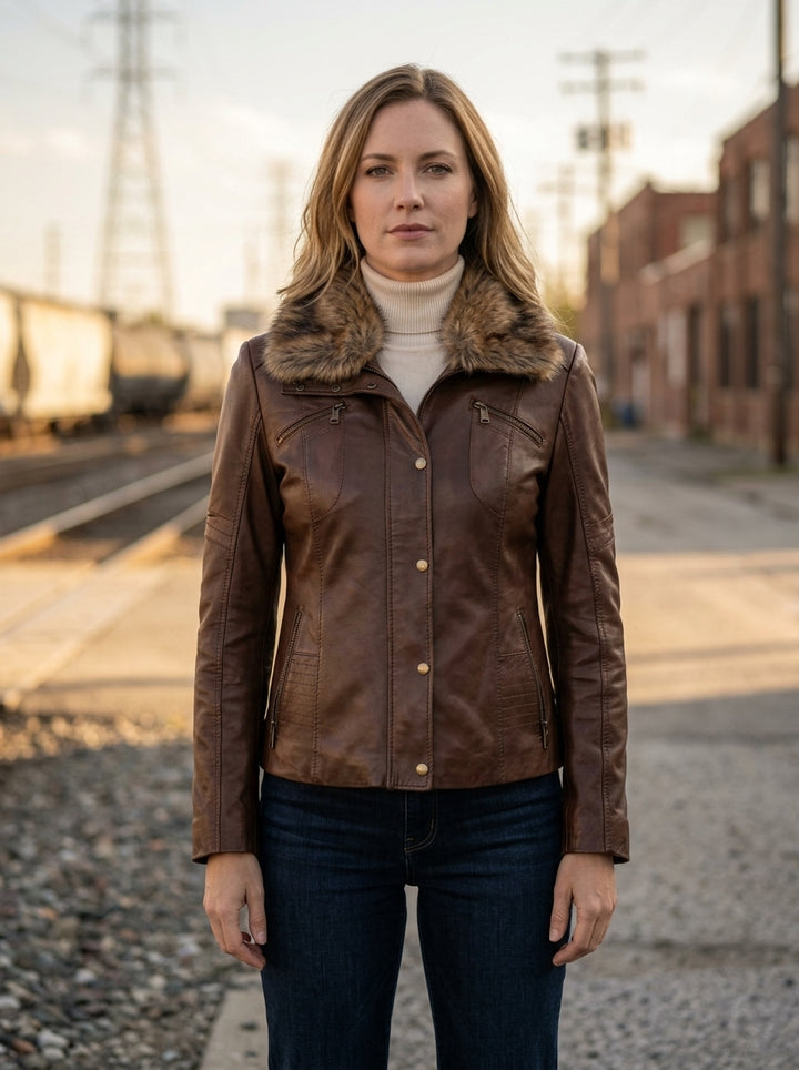 Sepia Hued Brown Leather Jacket With Original Fur Collar For Women