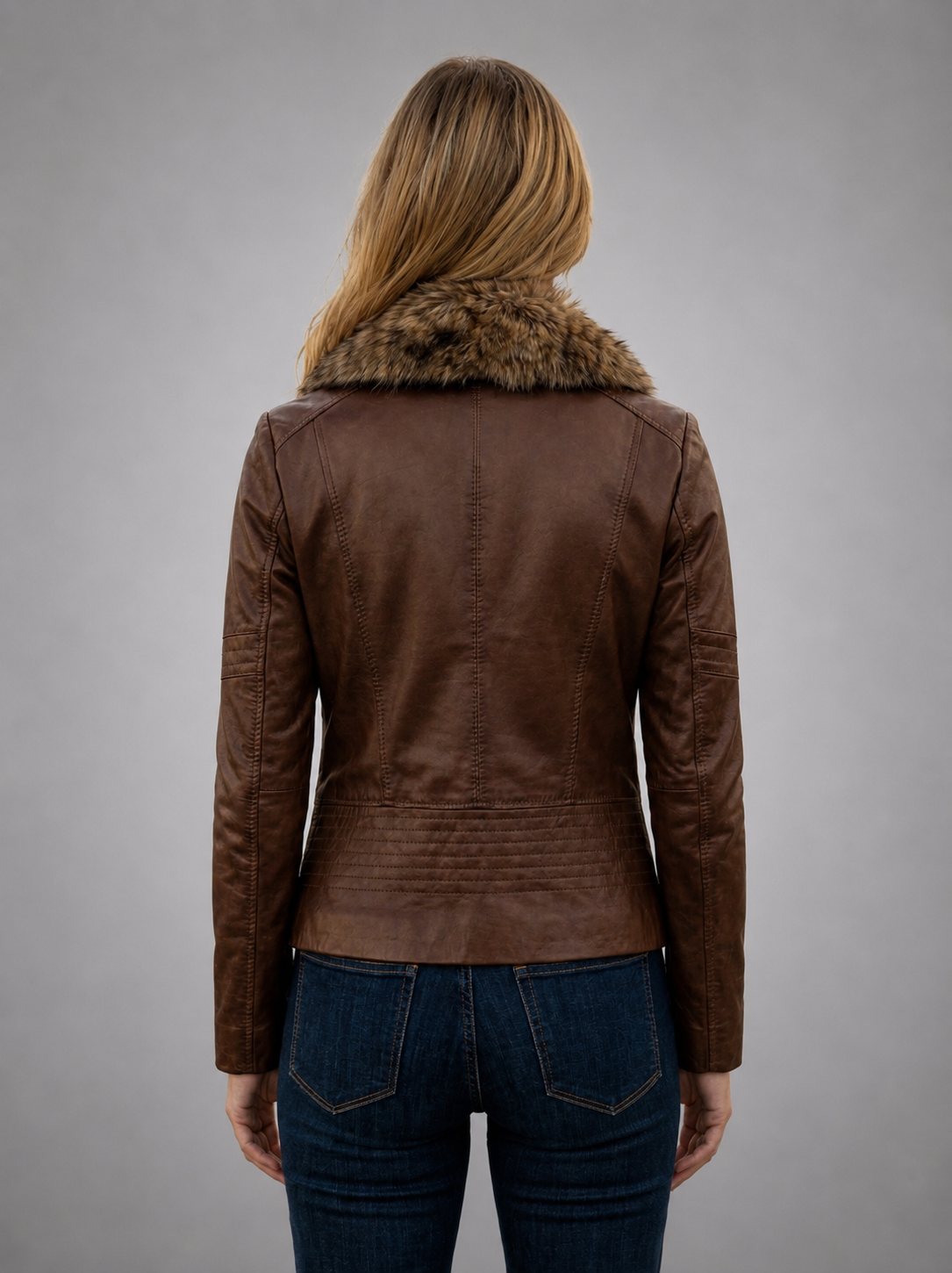 Sepia Hued Brown Leather Jacket With Original Fur Collar For Women