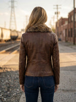 Sepia Hued Brown Leather Jacket With Original Fur Collar For Women