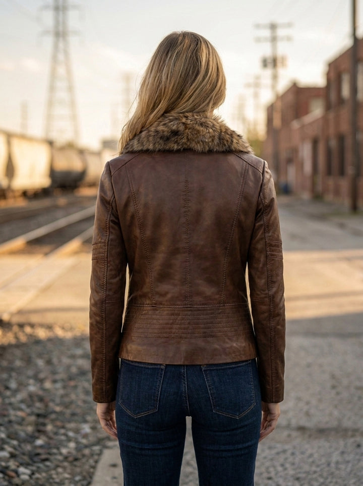 Sepia Hued Brown Leather Jacket With Original Fur Collar For Women