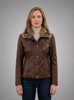Sepia Hued Brown Leather Jacket With Original Fur Collar For Women