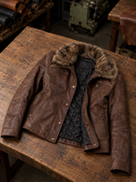 Sepia Hued Brown Leather Jacket With Original Fur Collar For Women