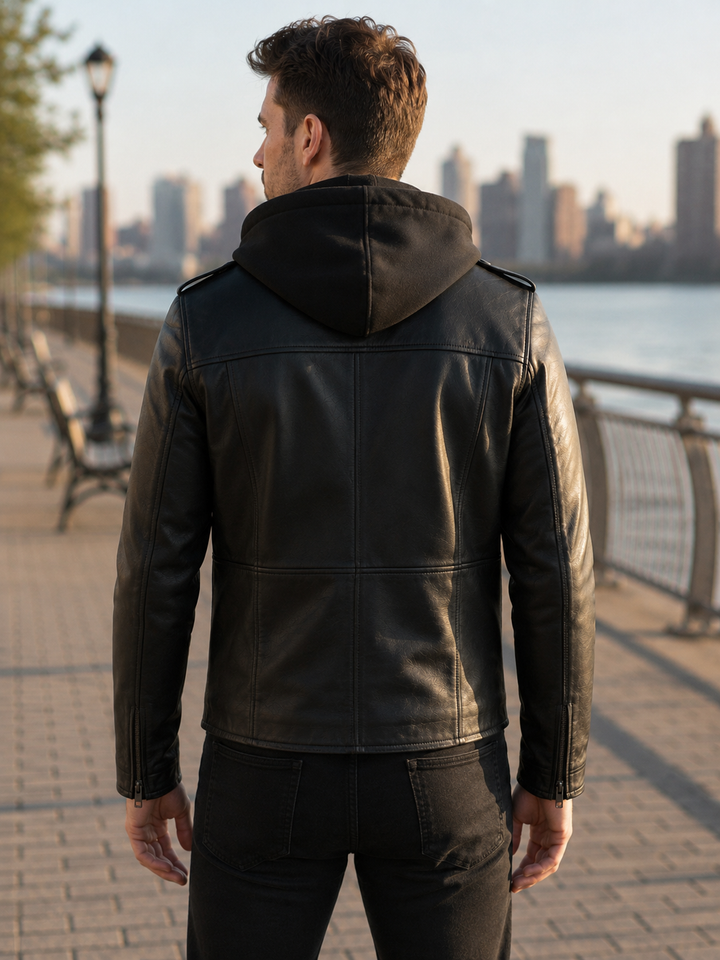 Sergio Black Sports Hooded Leather Jacket For Men