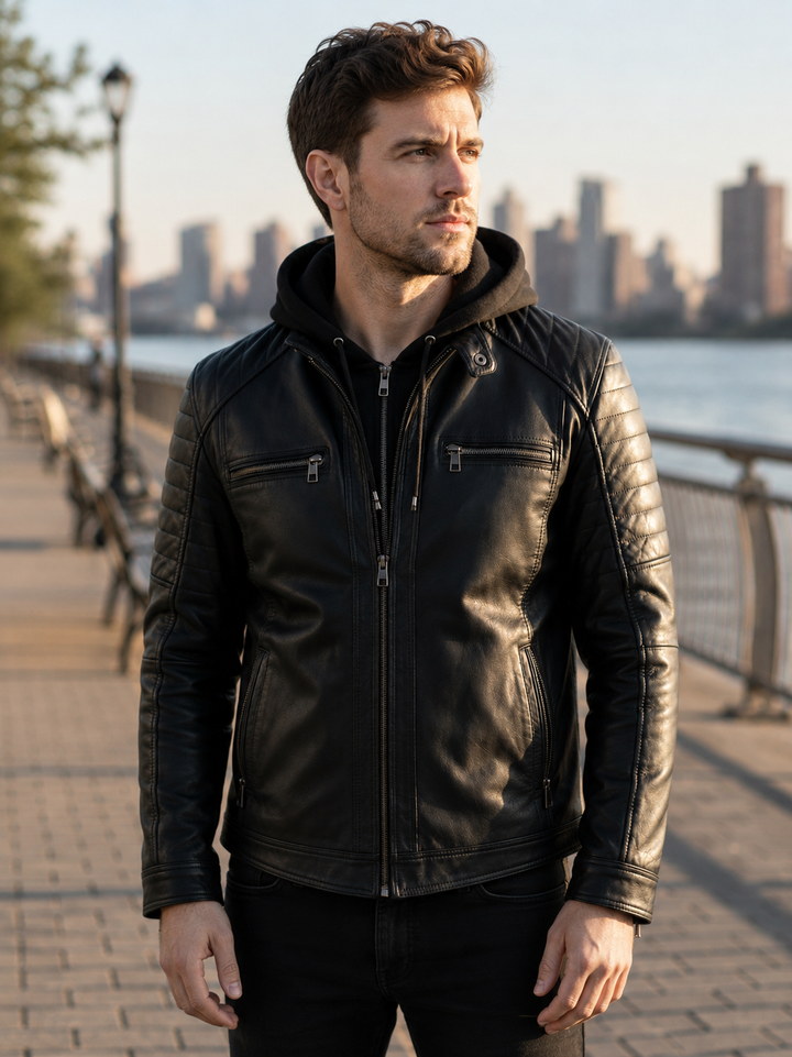 Sergio Black Sports Hooded Leather Jacket For Men