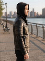 Sergio Black Sports Hooded Leather Jacket For Men