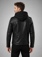 Sergio Black Sports Hooded Leather Jacket For Men