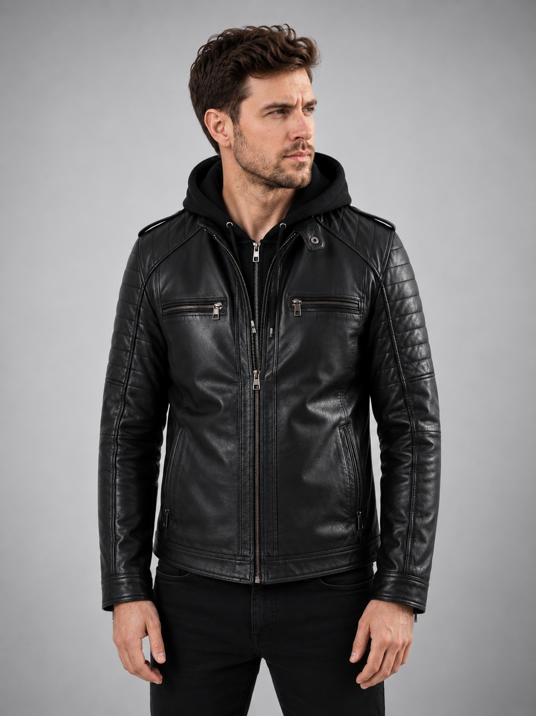 Sergio Black Sports Hooded Leather Jacket For Men