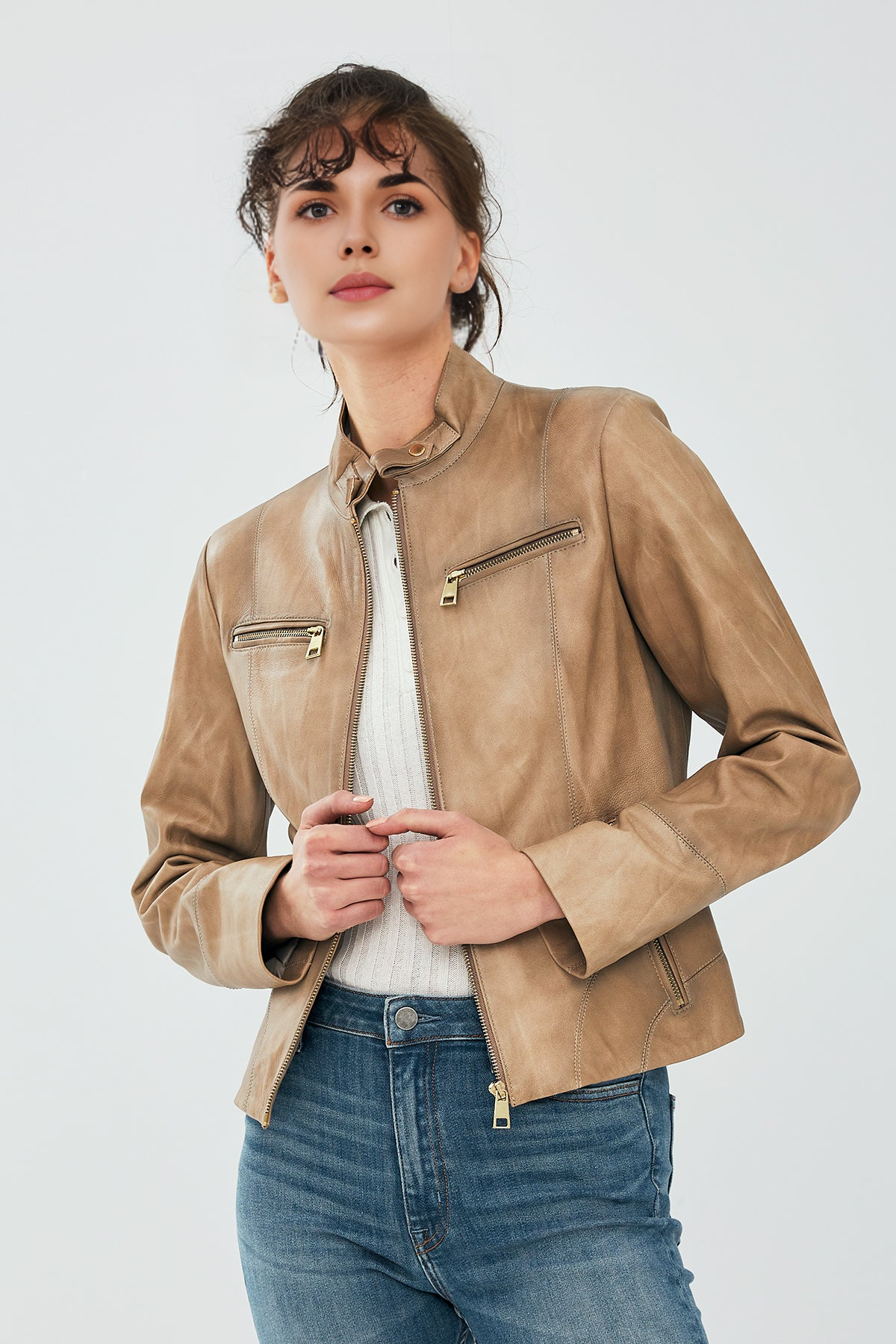 Short Beige Leather Jacket For Women
