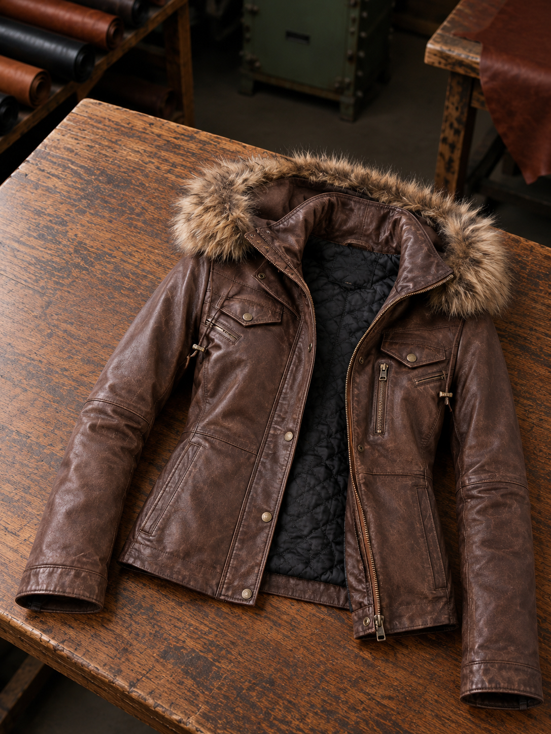 Sienna Women's Brown Leather Jacket With Fur Hood